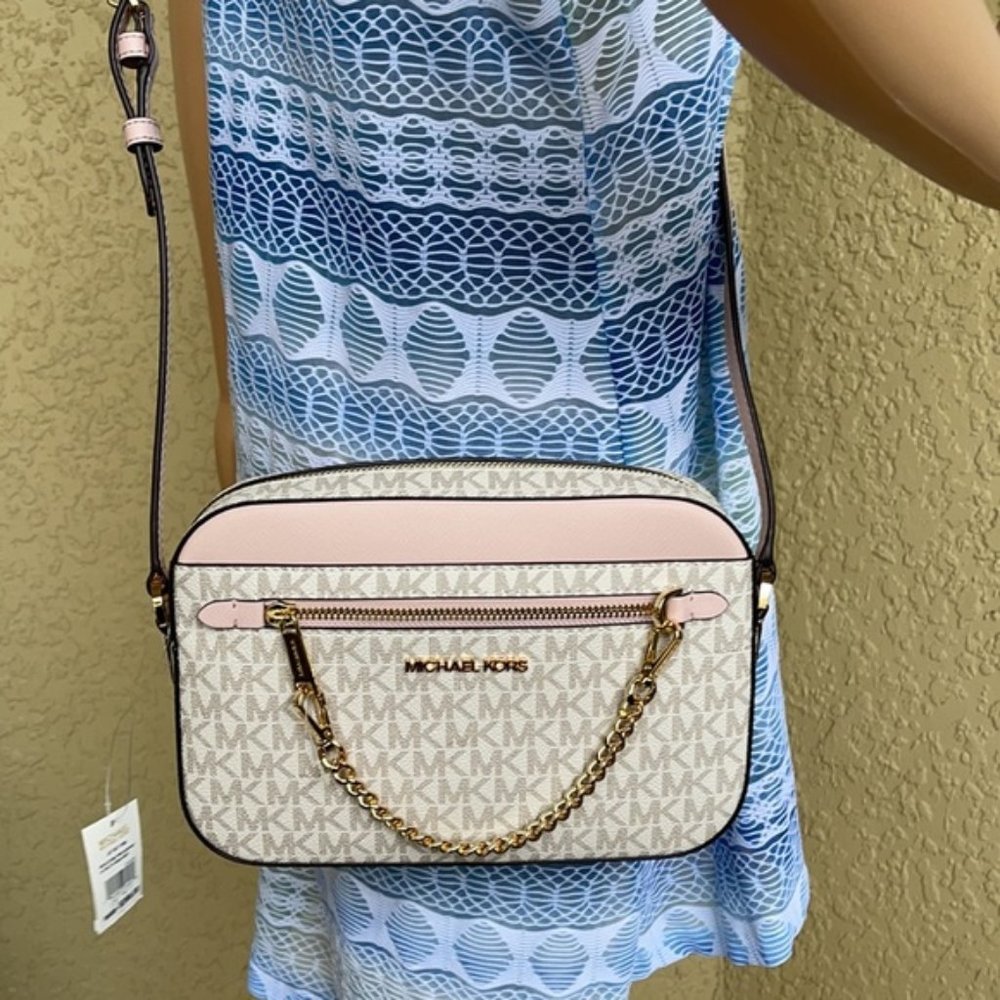 Michael Kors Jet Set Item Large East West Zip Chain Crossbody Powder Blush Multi - Picture 13 of 16